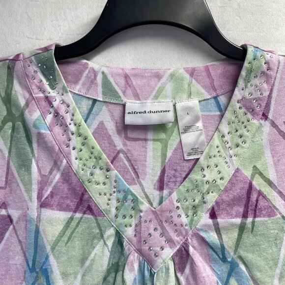 Alfred Dunner Studded VNeck Semi Sheer Short Sleeve Shirt Women Large Multicolor - Picture 7 of 13
